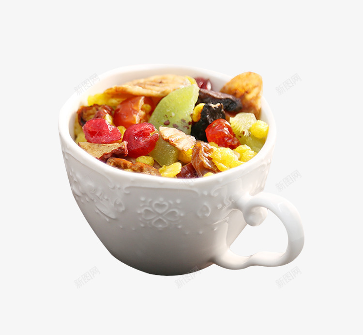 复古杯子里的麦片png免抠素材_新图网 https://ixintu.com 大颗粒水果 带把白色杯子 水果麦片 高品质麦片