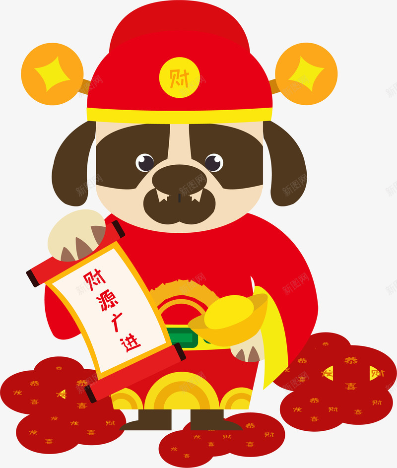 红色可爱卡通财神狗png免抠素材_新图网 https://ixintu.com 卡通手绘 可爱 新年 狗年 矢量图案 财源广进