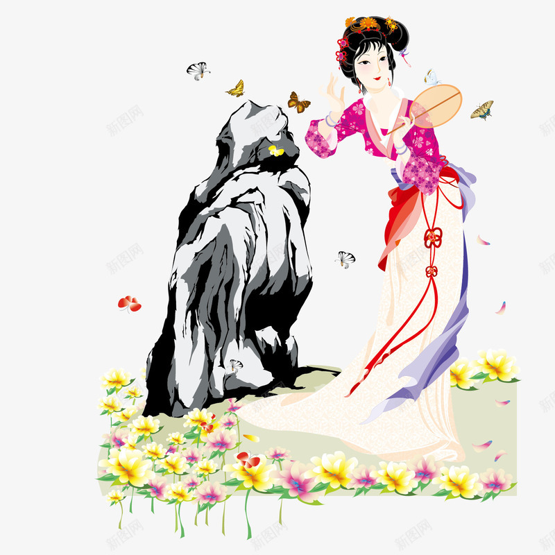 赏花的古代女子png免抠素材_新图网 https://ixintu.com 古代 古代人物插画 古代女子 古装 古装服饰 蝴蝶 赏花 鲜花