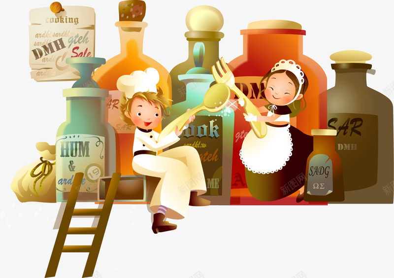 卡通绘画欢乐的厨房png免抠素材_新图网 https://ixintu.com 卡通绘画 厨师 叉勺 欢乐的厨房 煮妇 罐子 调料