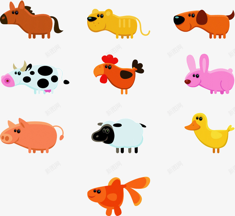 卡通手绘动物集鸭子羊png免抠素材_新图网 https://ixintu.com 奶牛 狗 猪 马 鸡