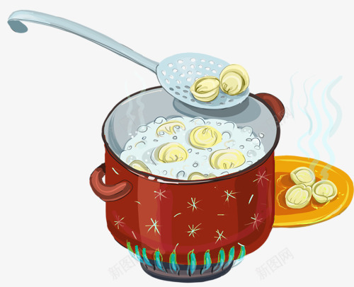 手绘煮水饺png免抠素材_新图网 https://ixintu.com 元宵节 手绘 汤锅 煮水饺 过滤勺 饺子