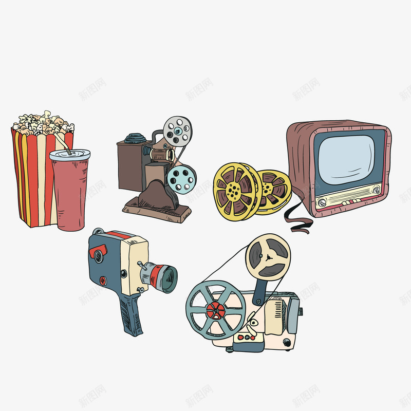 电视矢量图ai免抠素材_新图网 https://ixintu.com PNG免抠图下载 TV 复古 放映 爆米花 装饰 矢量图