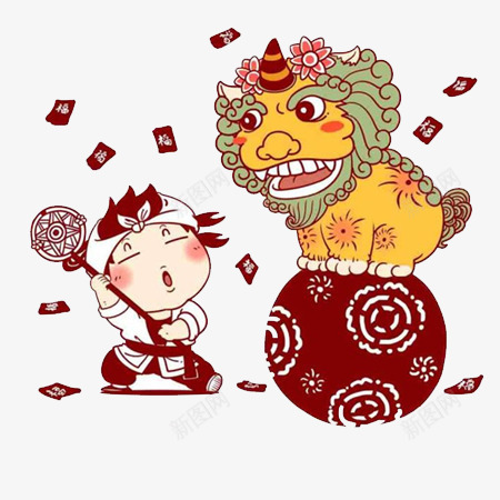 舞狮子卡通元素png免抠素材_新图网 https://ixintu.com 卡通人物 卡通元素 狮子 舞狮子