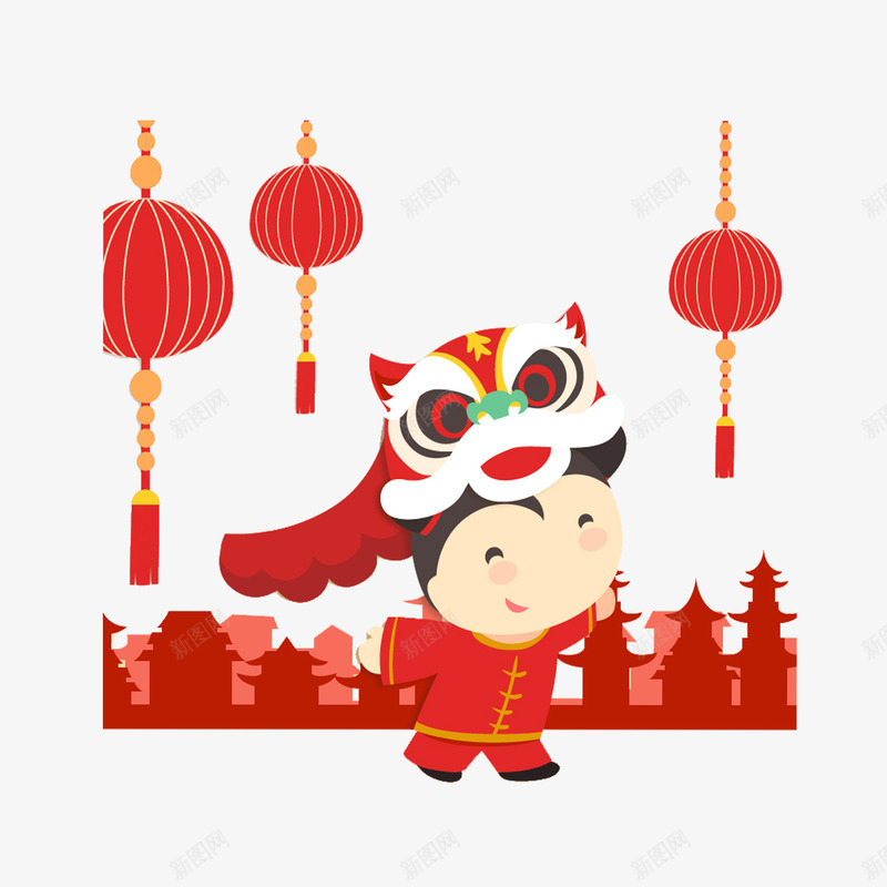 喜庆舞狮子png免抠素材_新图网 https://ixintu.com 人物 卡通 灯笼 红色