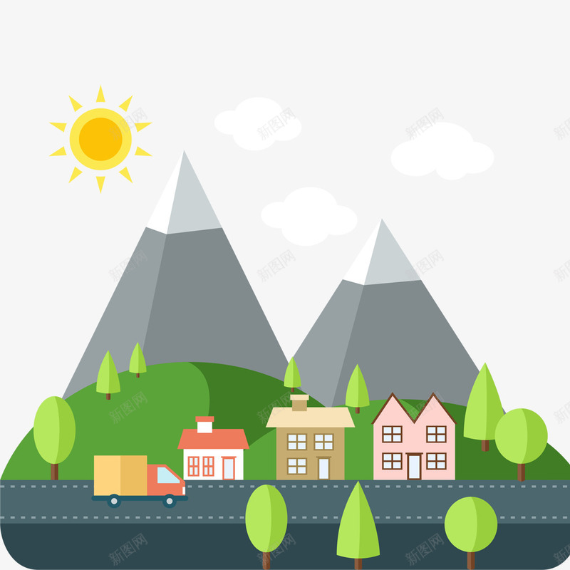 卡通路边场景png免抠素材_新图网 https://ixintu.com PNG图形 卡通 太阳 建筑物 装饰