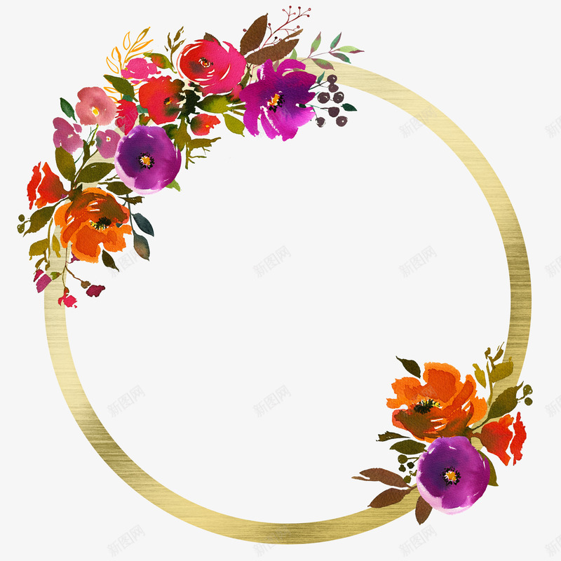 手绘唯美彩色花卉花环png免抠素材_新图网 https://ixintu.com 可爱花环 小清新花环 底纹边框 植物花卉花环 相框 纹样 绿叶 花朵 花框 花纹 花边 花边花纹 装饰框