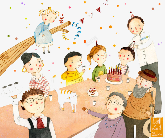 手绘个性全家聚会png免抠素材_新图网 https://ixintu.com 创意插画设计 卡通贺卡封面 手绘插画