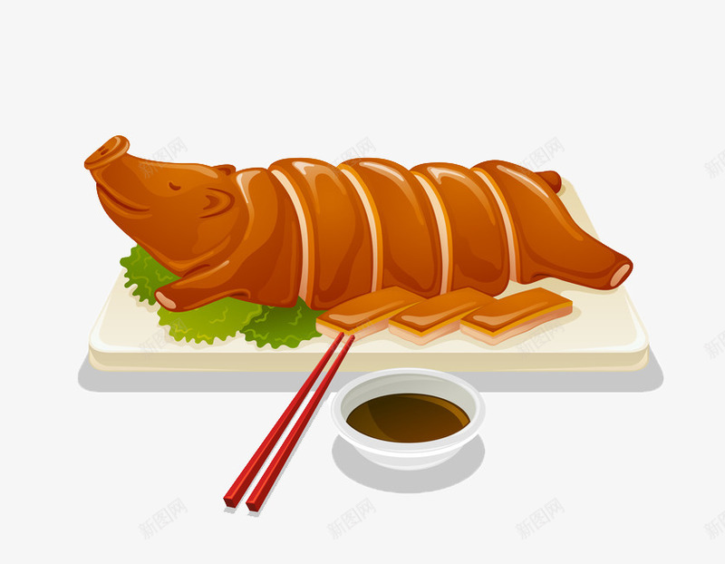 鲜美的烤全猪png免抠素材_新图网 https://ixintu.com 卡通 商务 彩色 手绘 烤全猪 盘子 筷子 美食 酱 鲜美