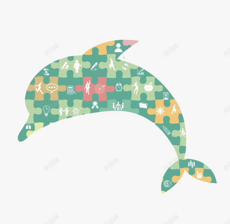 多彩海豚拼图png免抠素材_新图网 https://ixintu.com 创意 商务 壁纸 封面 彩色 手绘 拼图 插图 海豚