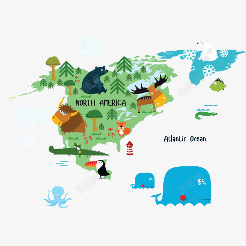 北美洲地图png免抠素材_新图网 https://ixintu.com 动物 卡通 国家风景 大西洋 平扁图形 旅行元素 特有