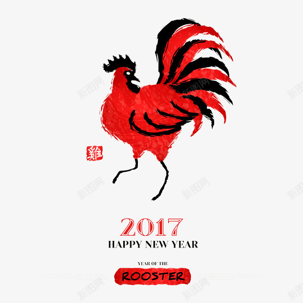 红色公鸡中国风日历用psd免抠素材_新图网 https://ixintu.com 2017新年图片 PNG素材图 中国风日历素材 水墨画鸡年图片