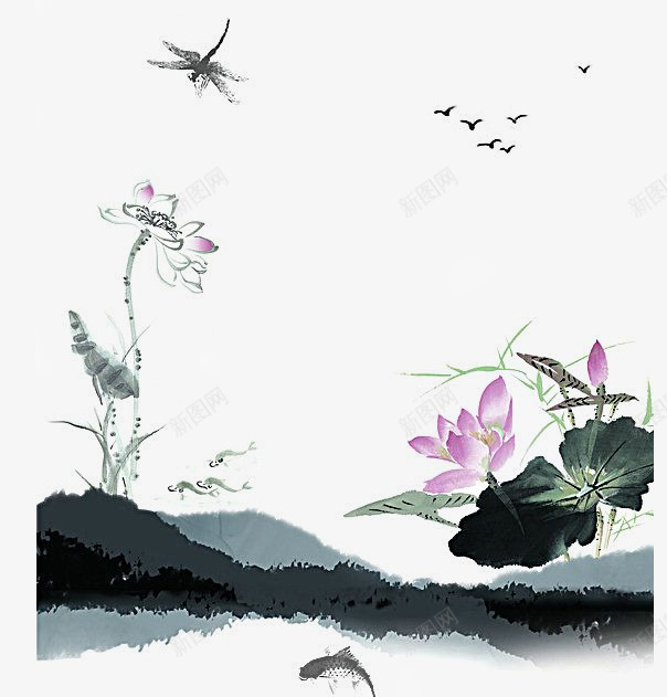 水墨画荷花png免抠素材_新图网 https://ixintu.com PNG图形 PNG装饰 大雁 水墨 荷花 蜻蜓 装饰