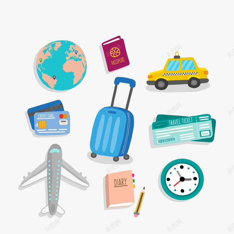 手拉旅行用品包矢量图图标ai_新图网 https://ixintu.com 世界 卡片 图标 地球 手 手画 旅游 旅行 时钟 铅笔 飞机 矢量图