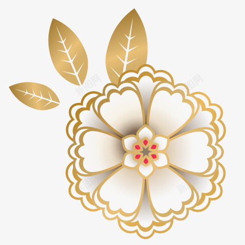 金色质感装饰唯美花卉png免抠素材_新图网 https://ixintu.com 卡通装饰 彩色花朵 白色花瓣 设计图 金色叶子 金色边框