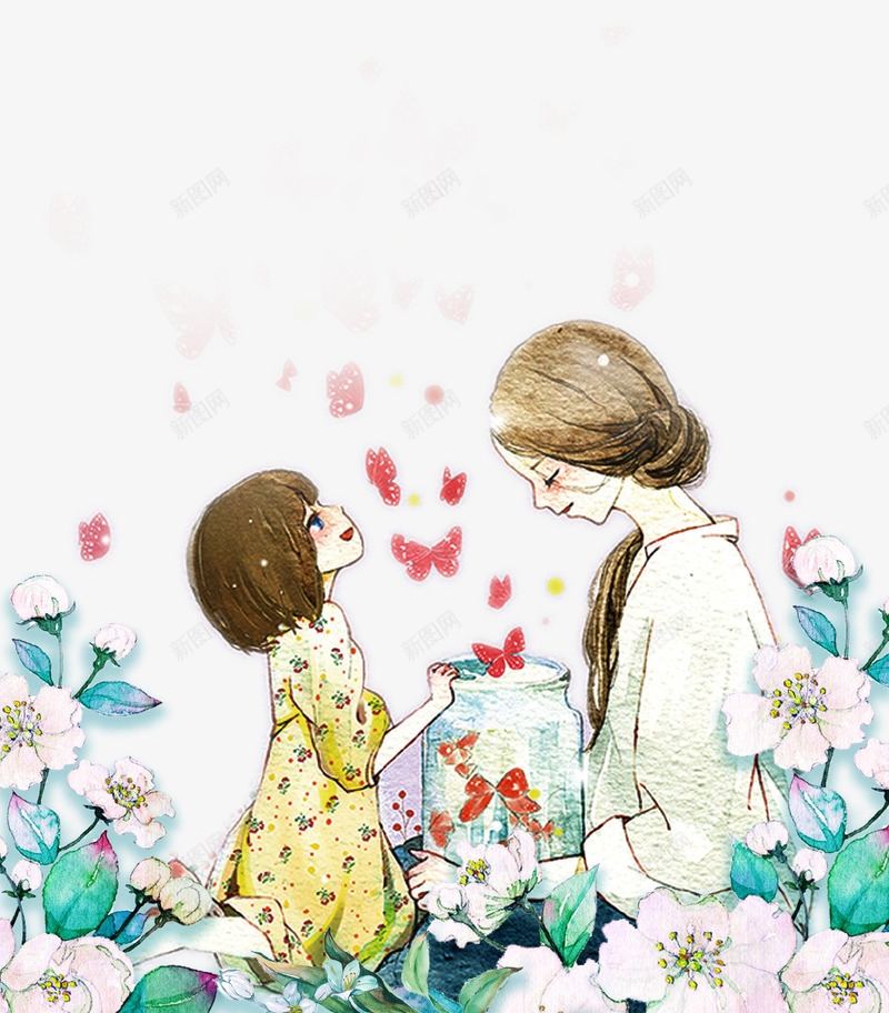 手绘唯美母女插画psd免抠素材_新图网 https://ixintu.com 唯美 手绘 插画 母与女 母亲节 母女 母爱 花朵 蝴蝶