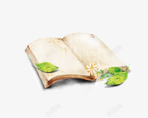 卡通手绘打开的书png免抠素材_新图网 https://ixintu.com 卡通书 唯美 手绘书 打开的书 绿叶 花朵