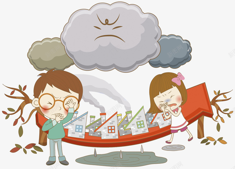 手绘工厂污染图png免抠素材_新图网 https://ixintu.com 凋谢的 卡通 呛鼻子 大树 大气污染 孩子 工厂污染