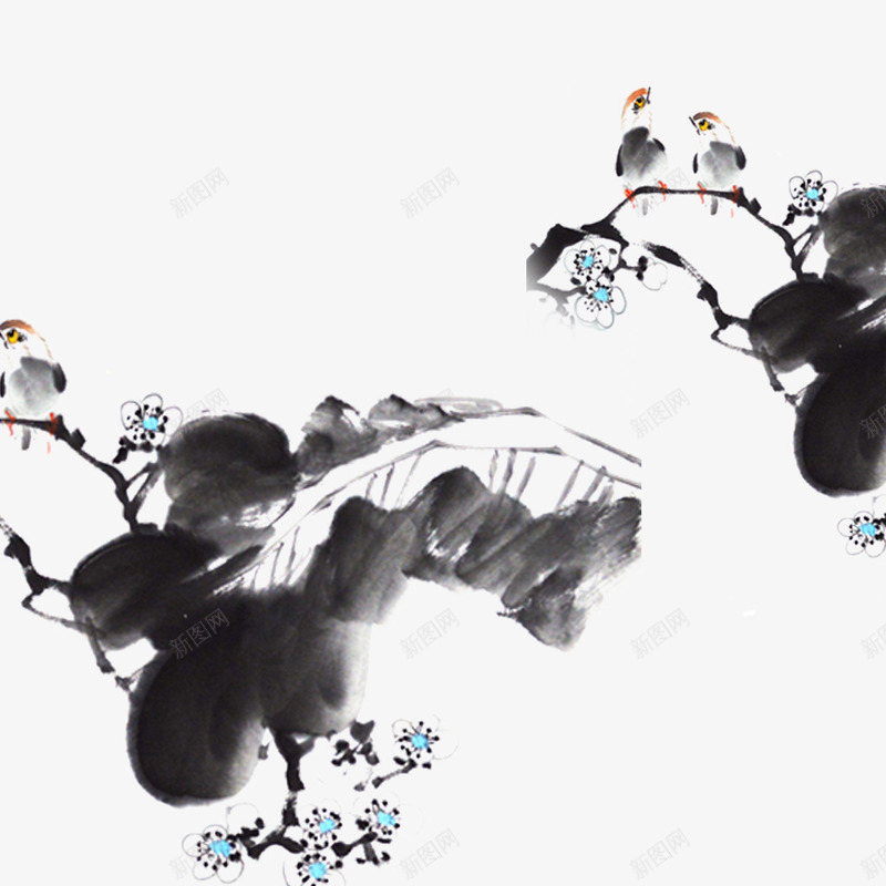 中国风树间麻雀国画png免抠素材_新图网 https://ixintu.com 中国风 中国风书封面 国画手绘 平面装饰 水墨植物 水墨画 麻雀