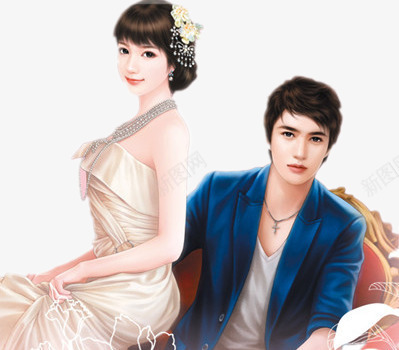 手绘唯美情侣婚纱照png免抠素材_新图网 https://ixintu.com 婚纱照 情侣