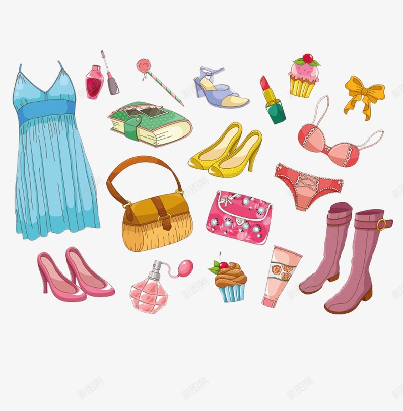 女士用品png免抠素材_新图网 https://ixintu.com PNG图形 PNG装饰 包包 化妆品 装饰 裙子 鞋子