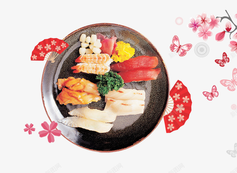 黑色盘子里的日式食物psd免抠素材_新图网 https://ixintu.com 免抠食物 刺身 扇子装饰 日式食物 樱花 盘子里的 蝴蝶 黑色