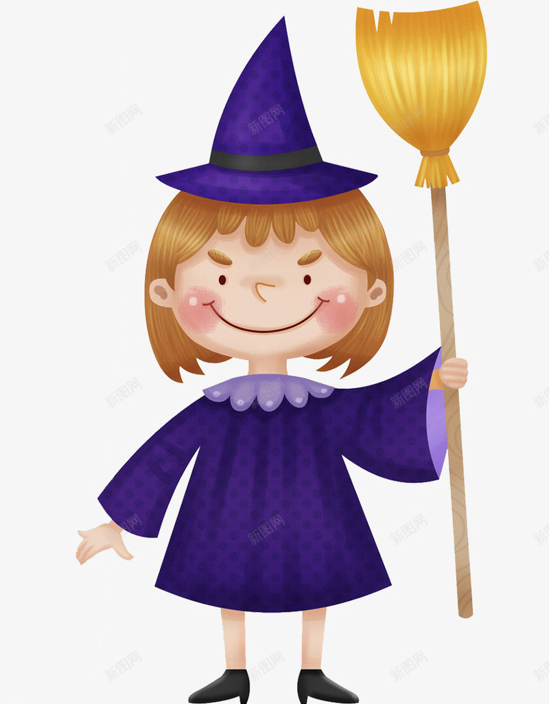 拿着扫把的巫师图png免抠素材_新图网 https://ixintu.com 万圣节 卡通 女人 巫师 微笑的 扫把 深蓝色