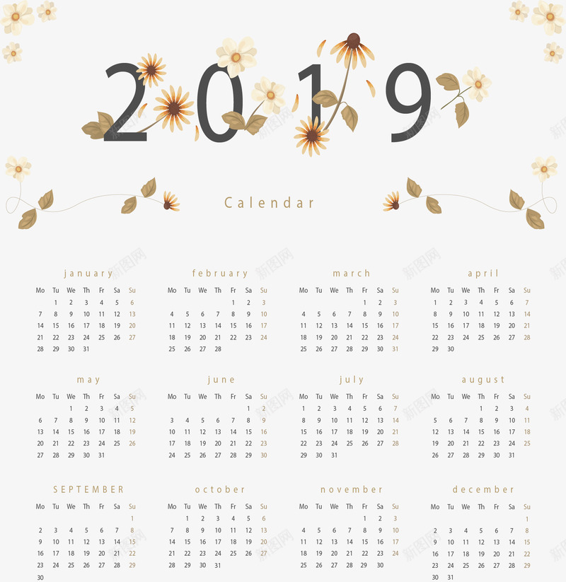 小清新花朵新年日历矢量图ai免抠素材_新图网 https://ixintu.com 2019日历 新年日历 日历 矢量png 花朵日历 矢量图