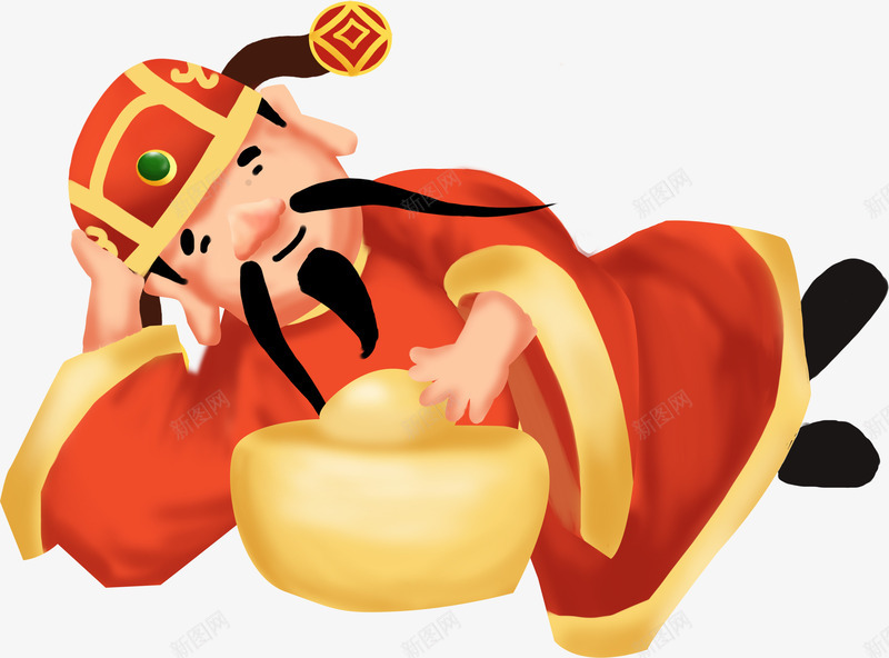 手绘新年财神爷无背景png免抠素材_新图网 https://ixintu.com 2019 侧卧 侧躺 农历新年 新年 新年快乐 无 无背景 猪年 财神 金元宝