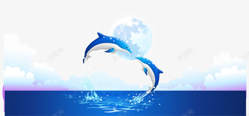 小清新蓝色海豚矢量图ai免抠素材_新图网 https://ixintu.com 云朵 唯美 大海 小清新 水花 海豚 蓝色 跳跃 矢量图