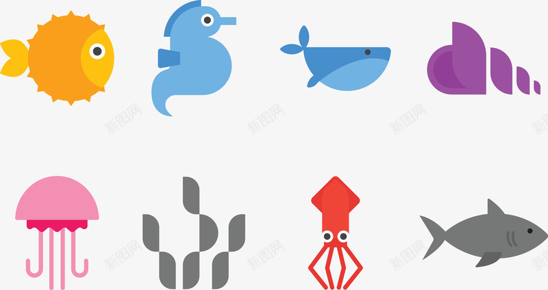 扁平化海洋生物合集矢量图eps免抠素材_新图网 https://ixintu.com 位图图形 印刷图 扁平化 手绘 手绘彩色 海洋 生物合集 装饰图 矢量图