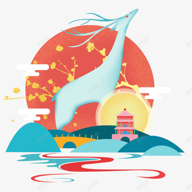 卡通小鹿png免抠素材_新图网 https://ixintu.com 卡通 卡通小鹿 唯美 唯美小鹿 小鹿 建筑 手绘 梅花鹿