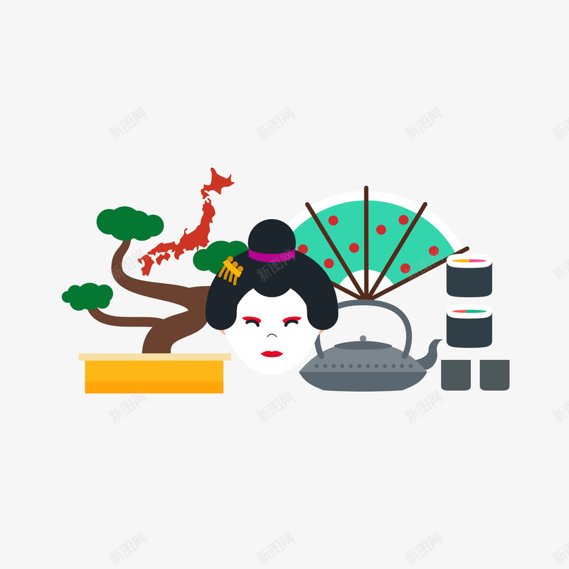 绿色日式海报png免抠素材_新图网 https://ixintu.com 和风 日式 日式风格 日本 日本风 海报 艺妓