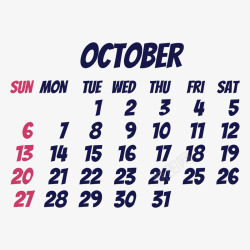 黑红色2019年10月日历矢量图素材