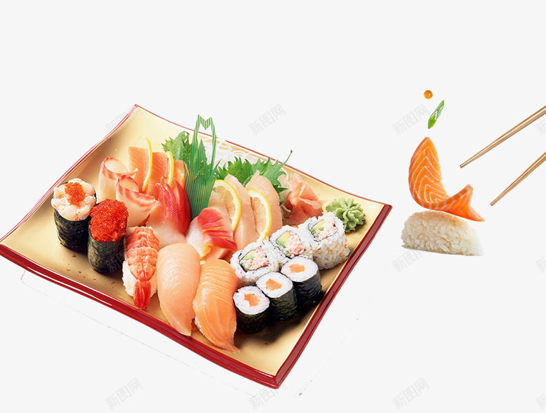 日式美食寿司三文鱼psd免抠素材_新图网 https://ixintu.com 三文鱼 免抠食物 寿司 日式 筷子 美食 蔬菜