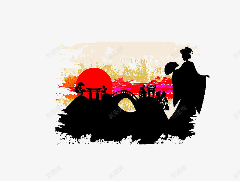 日本和服和美女插画png免抠素材_新图网 https://ixintu.com 人物剪影 其他艺术 日本主题 日本和服美女 桥梁 笔触