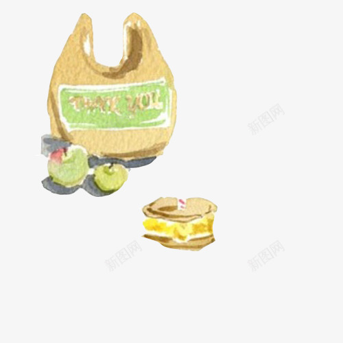 超市购物袋手绘画片psd免抠素材_新图网 https://ixintu.com 塑料袋 水果 罐头盒手绘食物 色彩画 青苹果