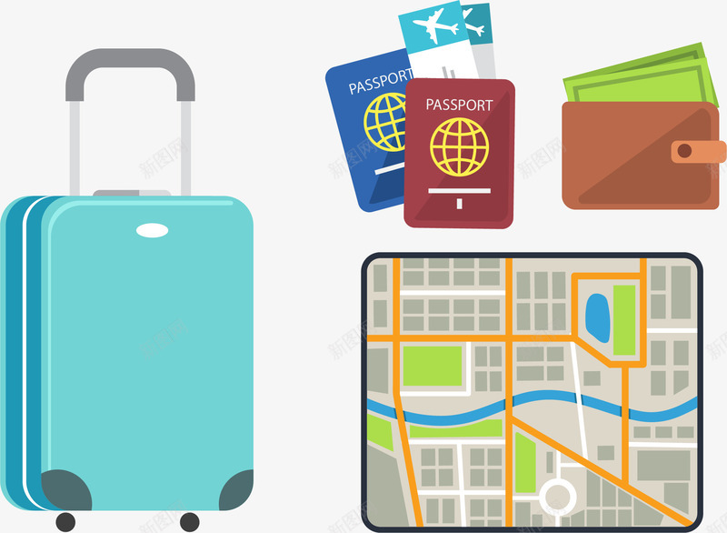 手绘旅行用品矢量图ai免抠素材_新图网 https://ixintu.com 地图 度假 手绘 护照 旅游 旅行 行李箱 钱包 矢量图