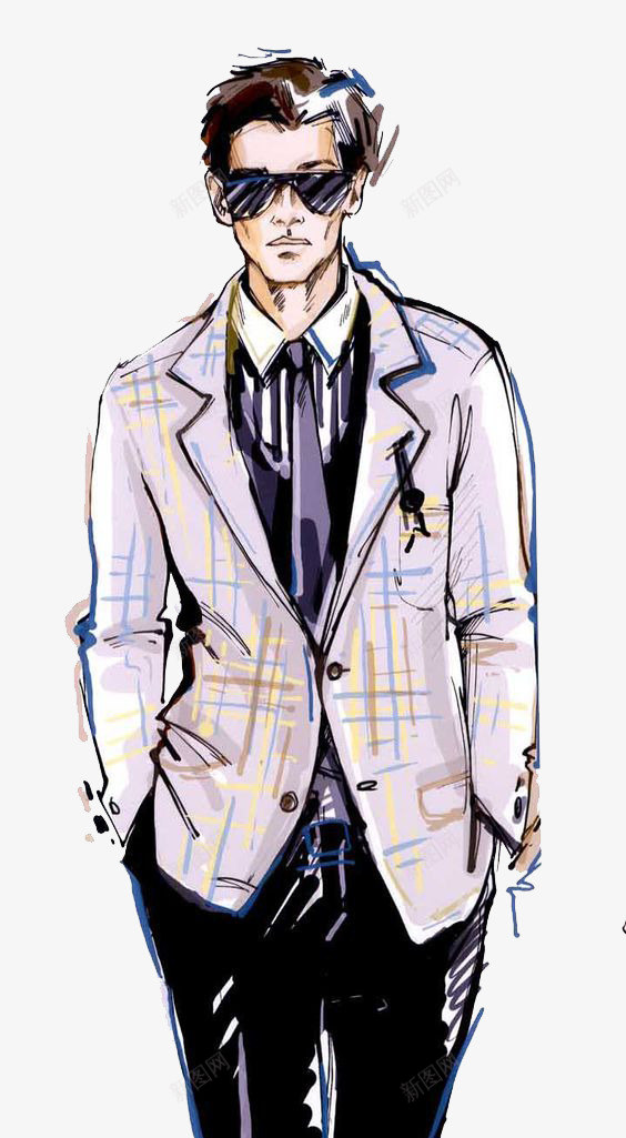 手绘服装男psd免抠素材_新图网 https://ixintu.com 灰色 现代 眼镜 西装