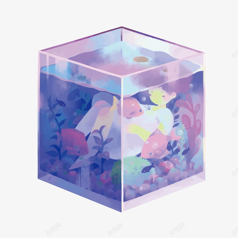 水族箱矢量图eps免抠素材_新图网 https://ixintu.com PNG PNG图片 PNG图片素材 PNG素材 PNG素材免费 PNG素材免费下载 少女 水彩 水族箱 紫色 鱼 矢量图