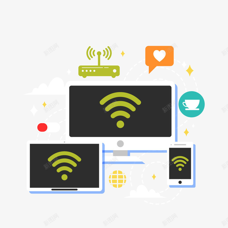 创意无线联网的三个电脑和手机矢png免抠素材_新图网 https://ixintu.com WiFi 创意无线联网的三个电脑和手机矢量图免费下载 卡通 手机 无线联网 笔记本电脑 背景装饰
