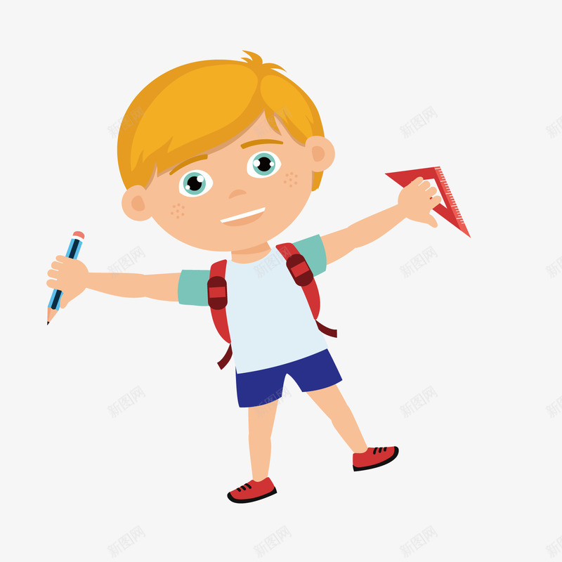 卡通背上书包的男孩矢量图ai免抠素材_新图网 https://ixintu.com 上学男孩 卡通人物 开学 背书包的男孩 金发男孩 矢量图