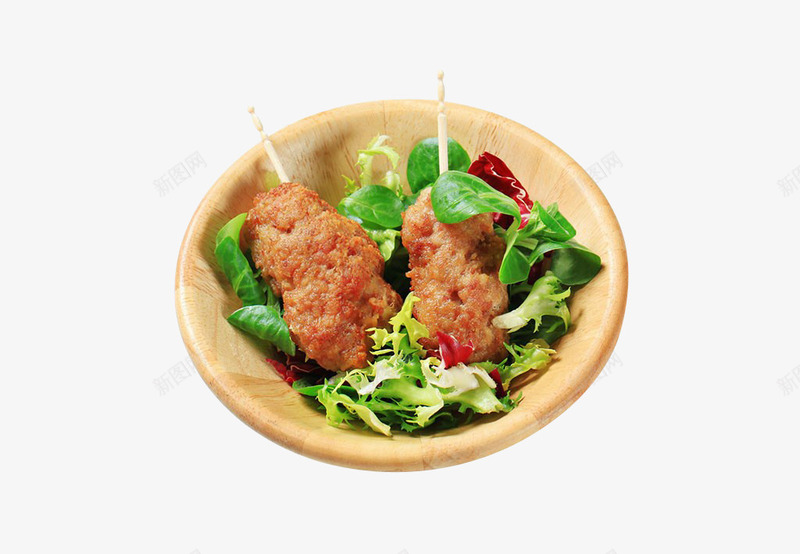 油炸肉串和蔬菜沙拉png免抠素材_新图网 https://ixintu.com 减肥餐 午餐 实物 木碗 沙拉 油炸 混合 火鸡 炸串 牛肉 猪肉 莴苣 蔬菜 食品 食物 食粮