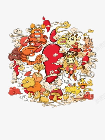 插画png免抠素材_新图网 https://ixintu.com 不规则 云朵 牛 花朵 装饰 龙虾