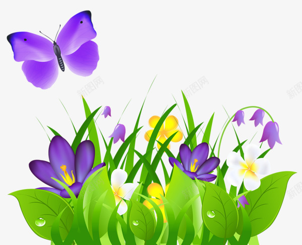 卡通紫色蝴蝶花草插图png免抠素材_新图网 https://ixintu.com 卡通手绘 插图花朵 紫色蝴蝶 绿色花草