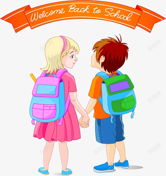 新学期学生手牵手上学的插图png免抠素材_新图网 https://ixintu.com back school to 卡通手绘 开学季 手牵手的小朋友 新学期 新学期新开始 背书包的人 返校