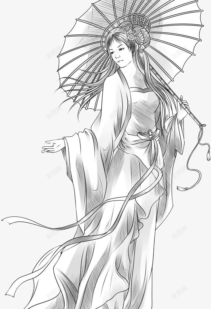 打伞美女png免抠素材_新图网 https://ixintu.com 伞 古代 古典 手绘 灰色