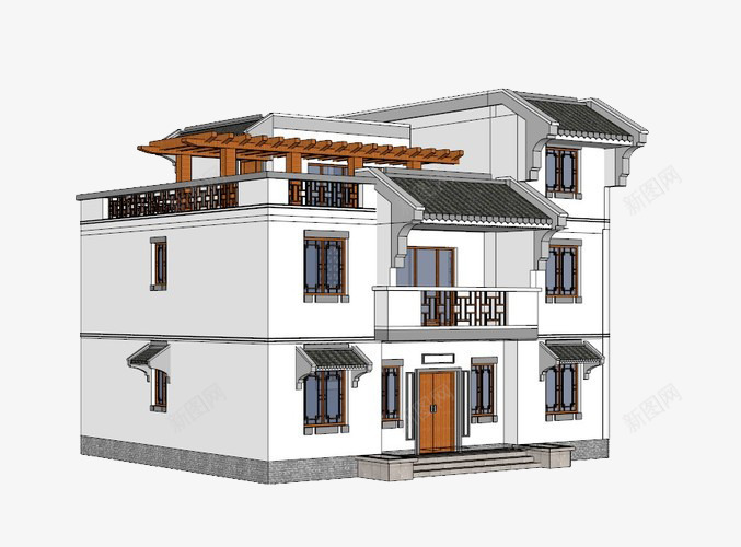 中式古典房屋效果图png免抠素材_新图网 https://ixintu.com 中式古典房屋效果图 别墅装修3D效果图 户型图 立体房屋 连排别墅