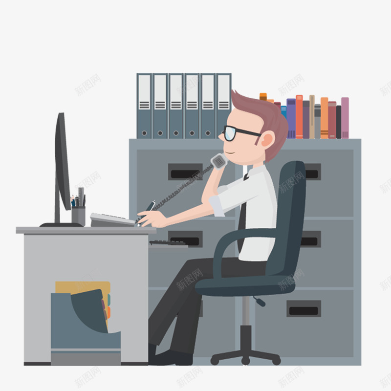 灰色商务接电话商务办公人士png免抠素材_新图网 https://ixintu.com 商务 外国人办公 工作 接听 文件 灰色 电脑 电话