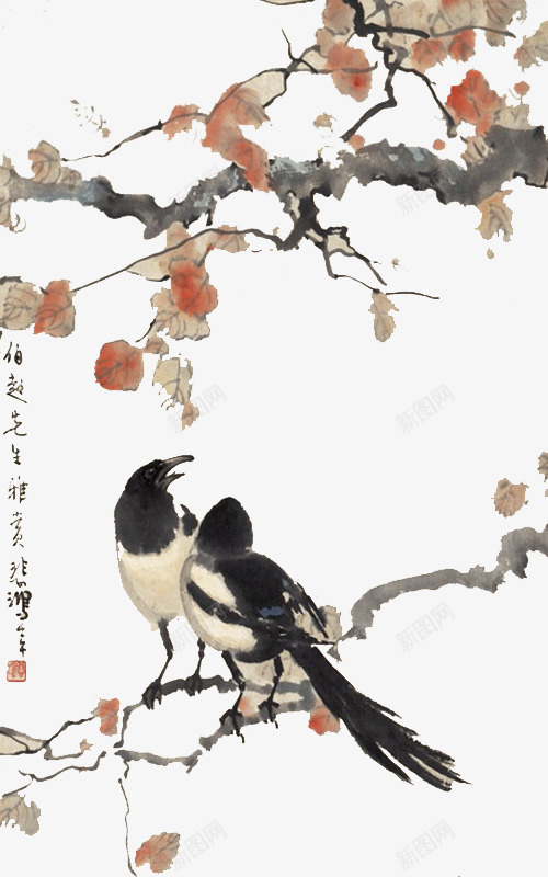 树枝png免抠素材_新图网 https://ixintu.com 中国画 中国风 小鸟 树枝 灰色 黑色